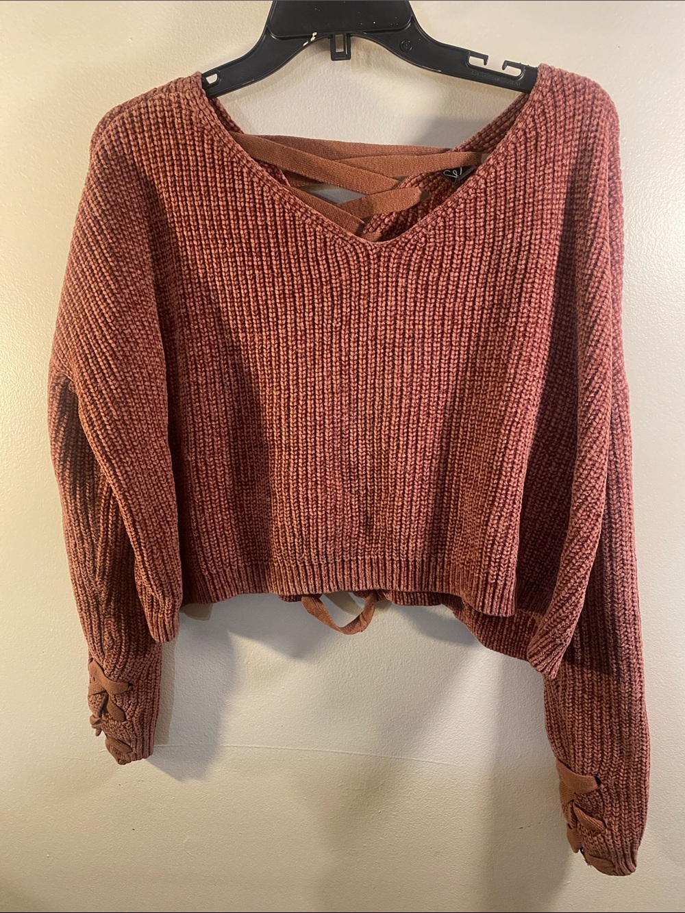 Windsor Terra Cotta Ribbed V-Neck Sweater with Lace-Up Cuffs